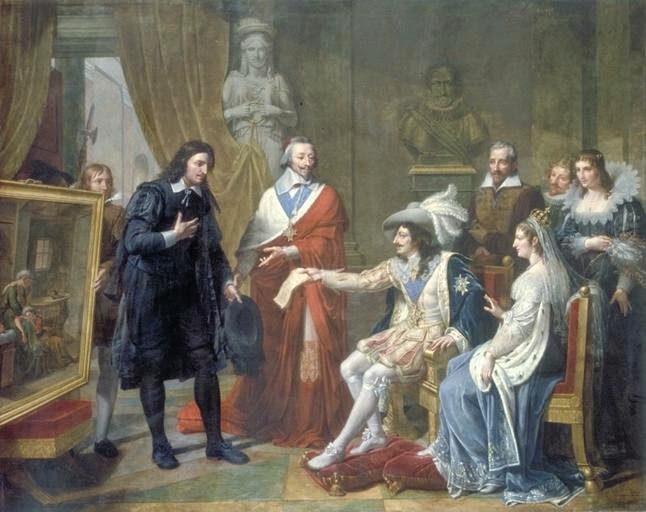 Richelieu, známy mecenáš umenia, predstavuje kráľovskému páru maliara Nicolasa Poussina