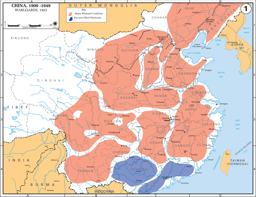Mapa Číny začiatkom 20. rokov so sférami vplyvu jednotlivých regionálnych vládcov