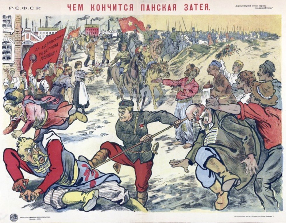 Boľševický propagandistický plagát - boľševici oslobodzujú poľský ľud od pánov