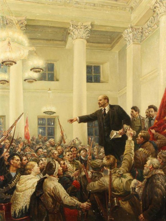 Lenin vyhlasuje víťazstvo sovietov. Obraz V. A. Serova z roku 1954