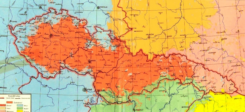 Národnostné zloženie 1. ČSR (oranžová Čechoslováci, modrá Nemci, zelená Maďari, ružová Rusíni)
