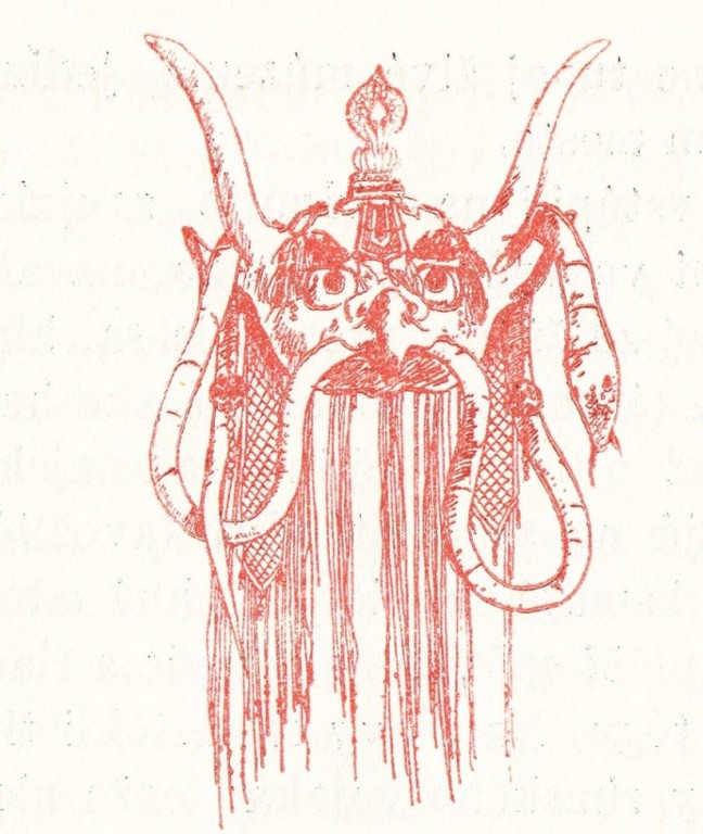 Kresba náboženskej masky od Václava Sivka v Tatarkovej knihe, ktorá svojím pôvodným umiestnením vyvolala záujem cenzora (Tatarka, s. 249)