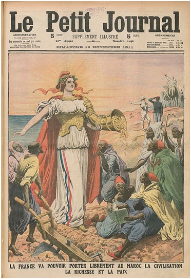 Zobrazenie príchodu francúzskej civilizácie do Maroka vo francúzskej tlači z 19. novembra 1911