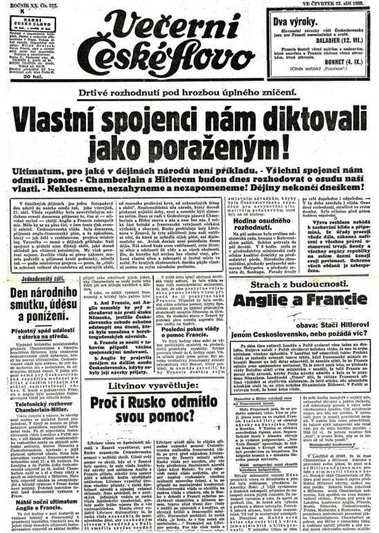 Titulka časopisu České Slova, 22. september 1938